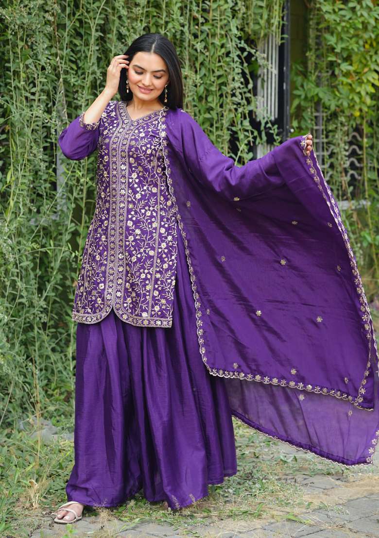 Purple Embroidered Chinon Sharara Set - Indya