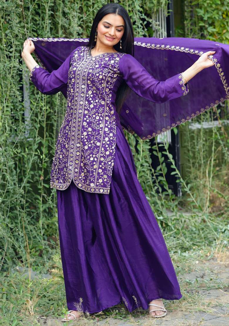 Purple Embroidered Chinon Sharara Set - Indya