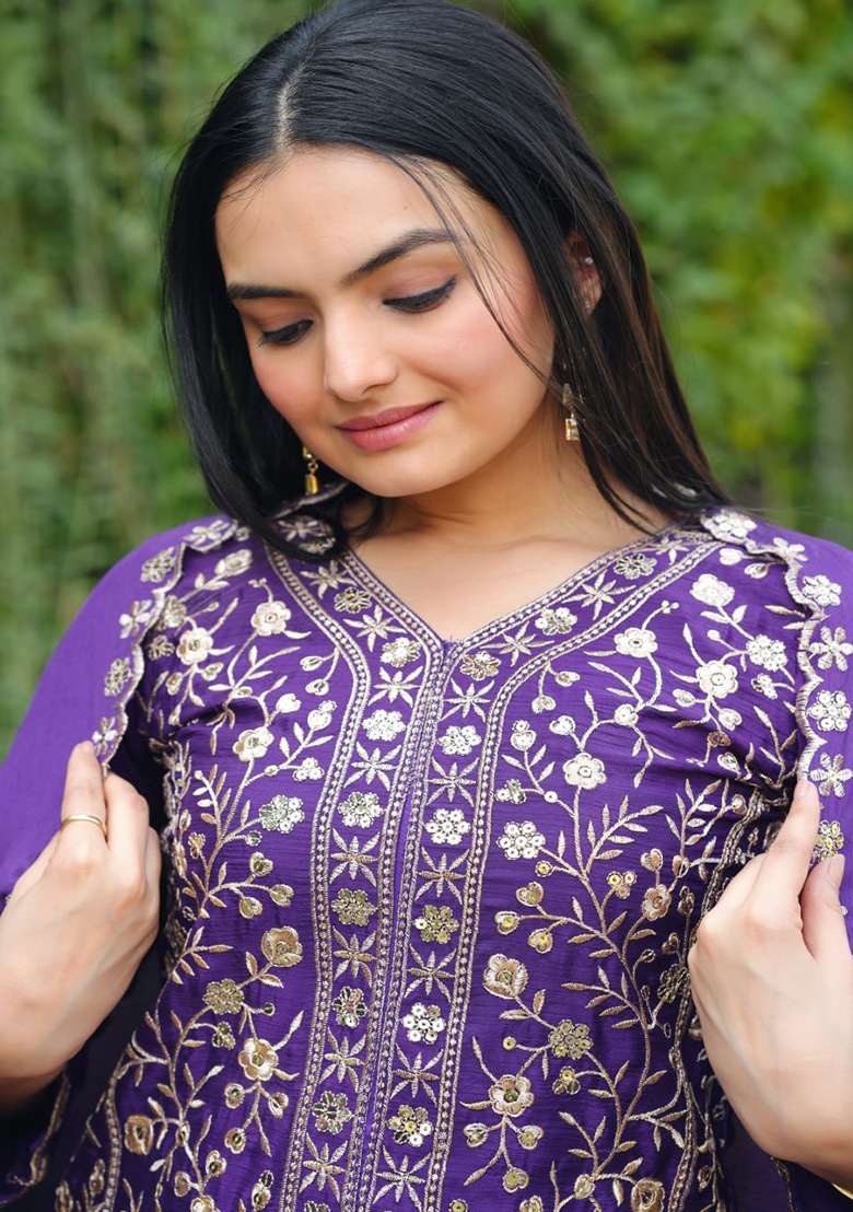 Purple Embroidered Chinon Sharara Set - Indya