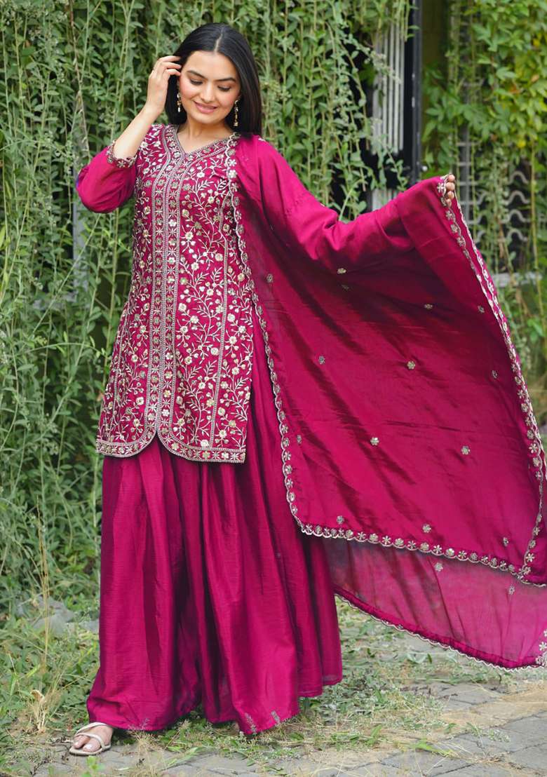 Rani Pink Embroidered Chinon Sharara Set - Indya