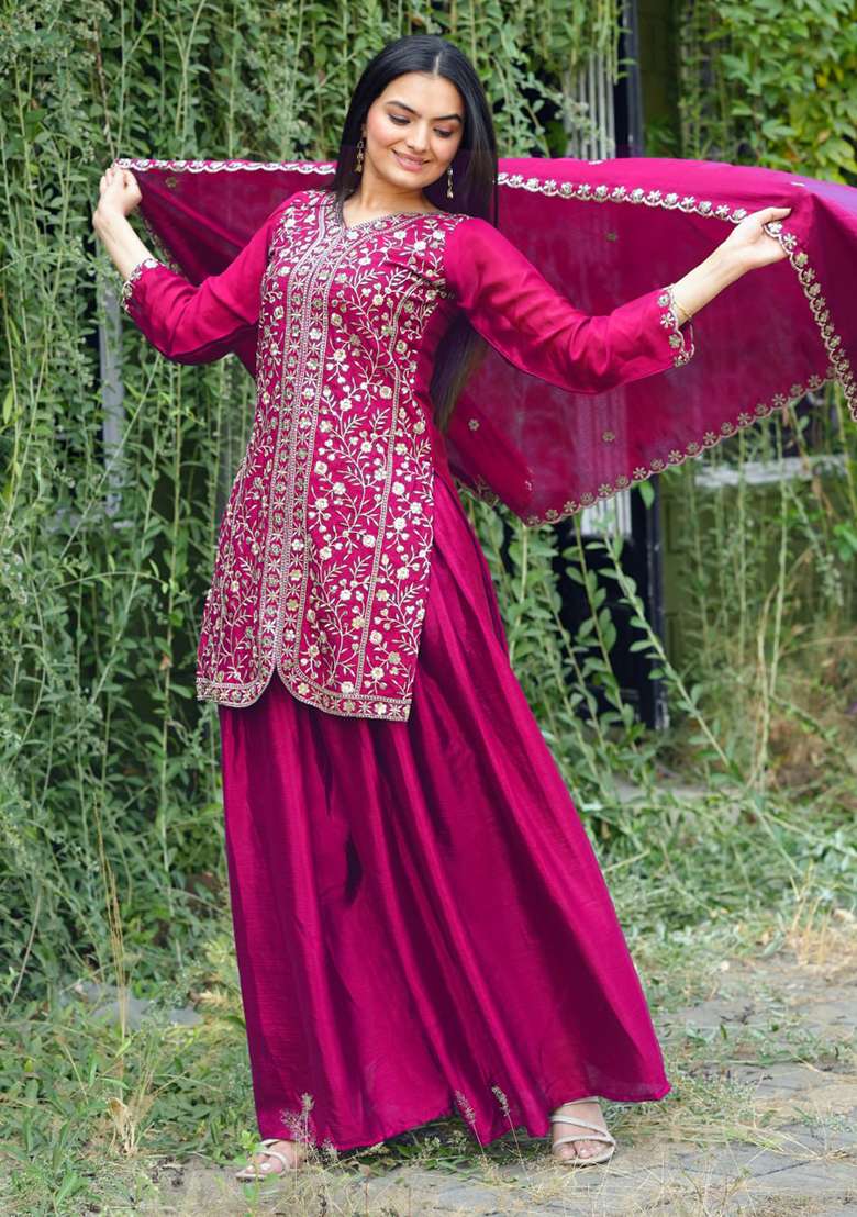 Rani Pink Embroidered Chinon Sharara Set - Indya