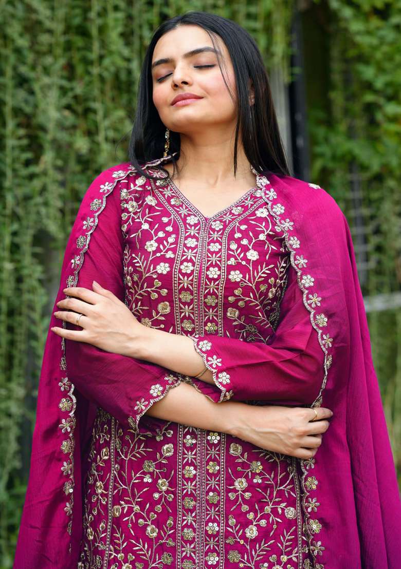 Rani Pink Embroidered Chinon Sharara Set - Indya