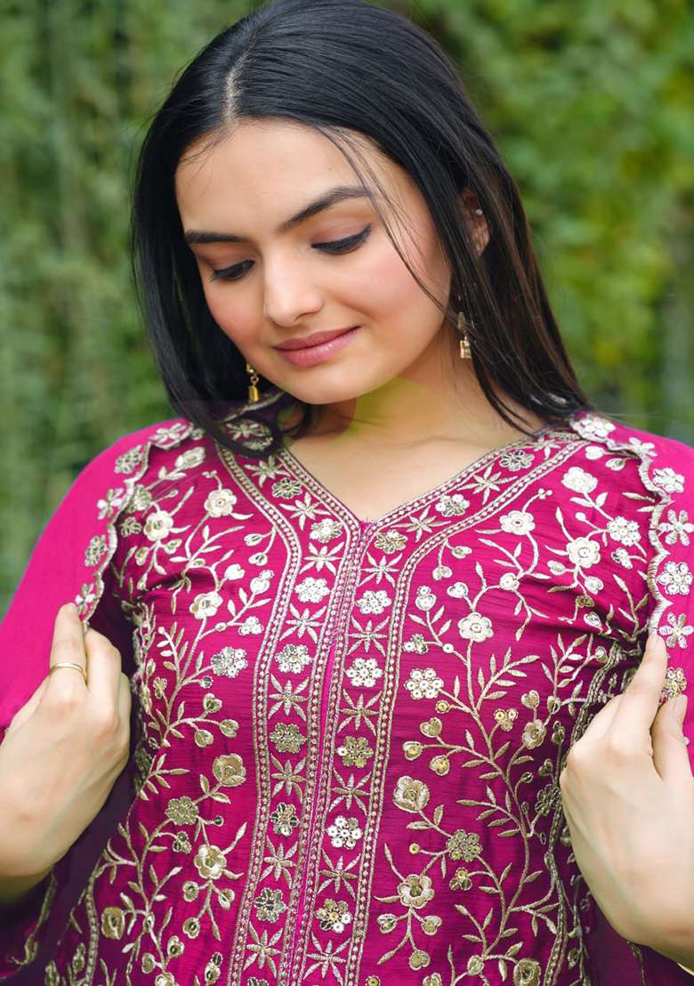 Rani Pink Embroidered Chinon Sharara Set - Indya
