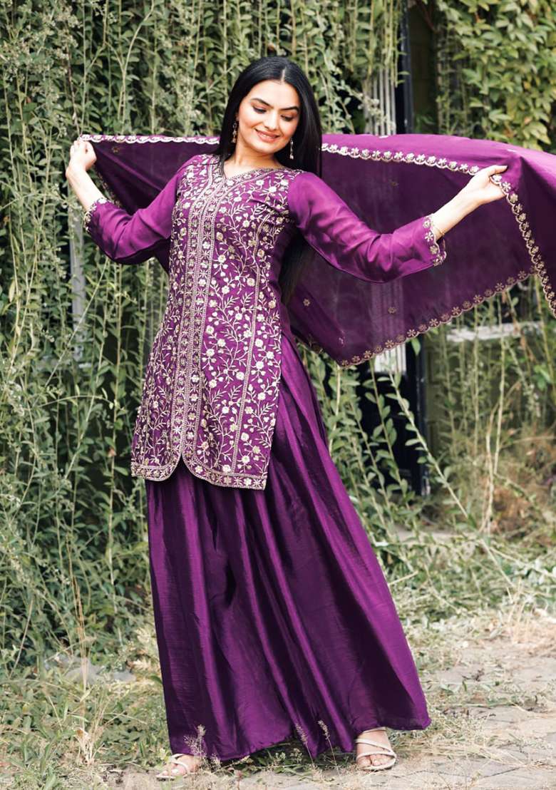 Wine Embroidered Chinon Sharara Set - Indya