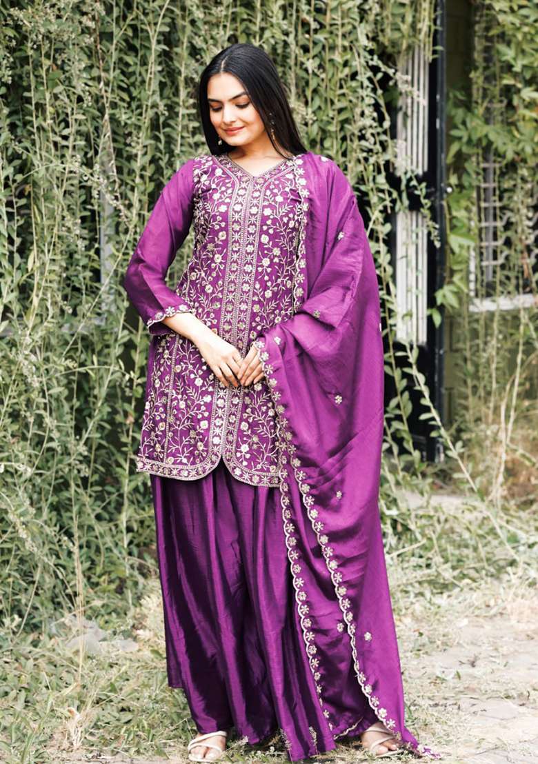 Wine Embroidered Chinon Sharara Set - Indya
