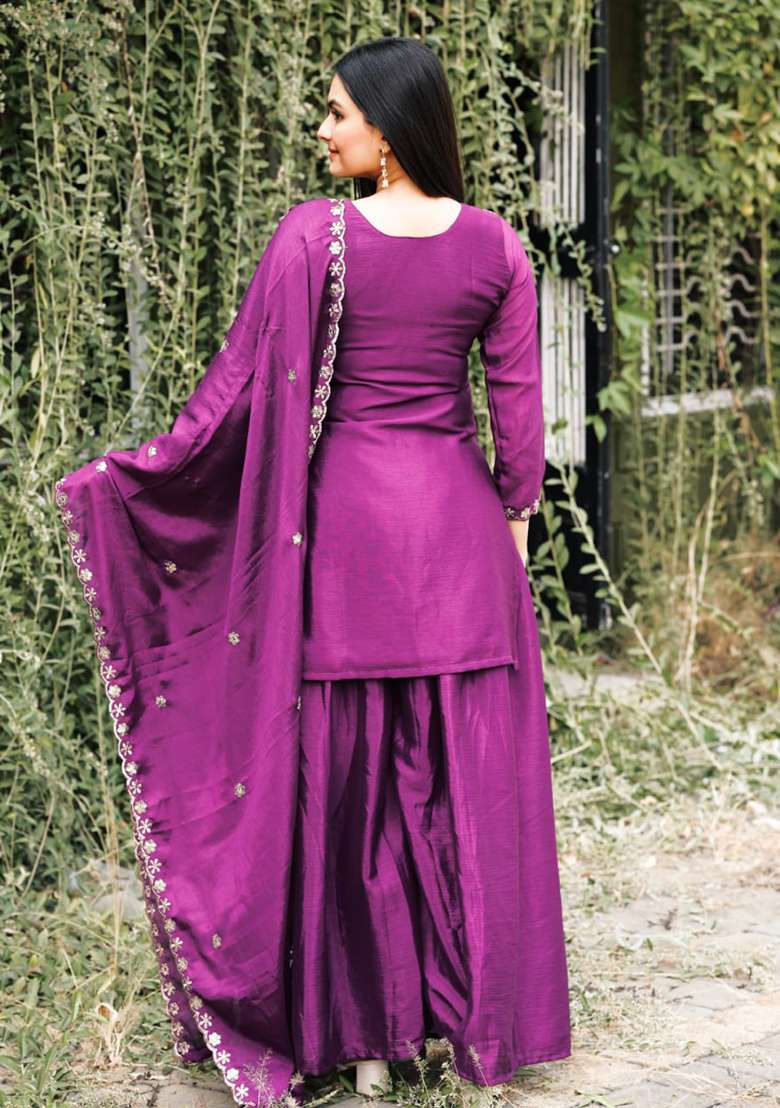 Wine Embroidered Chinon Sharara Set - Indya