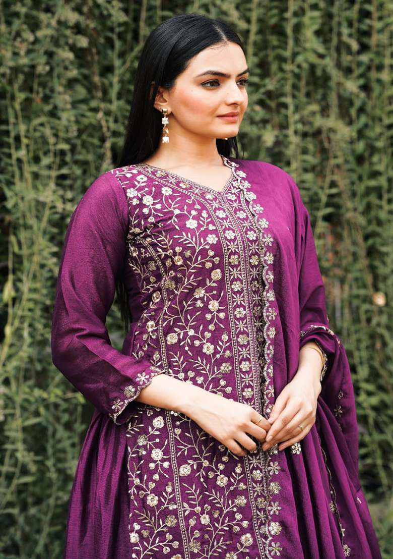 Wine Embroidered Chinon Sharara Set - Indya