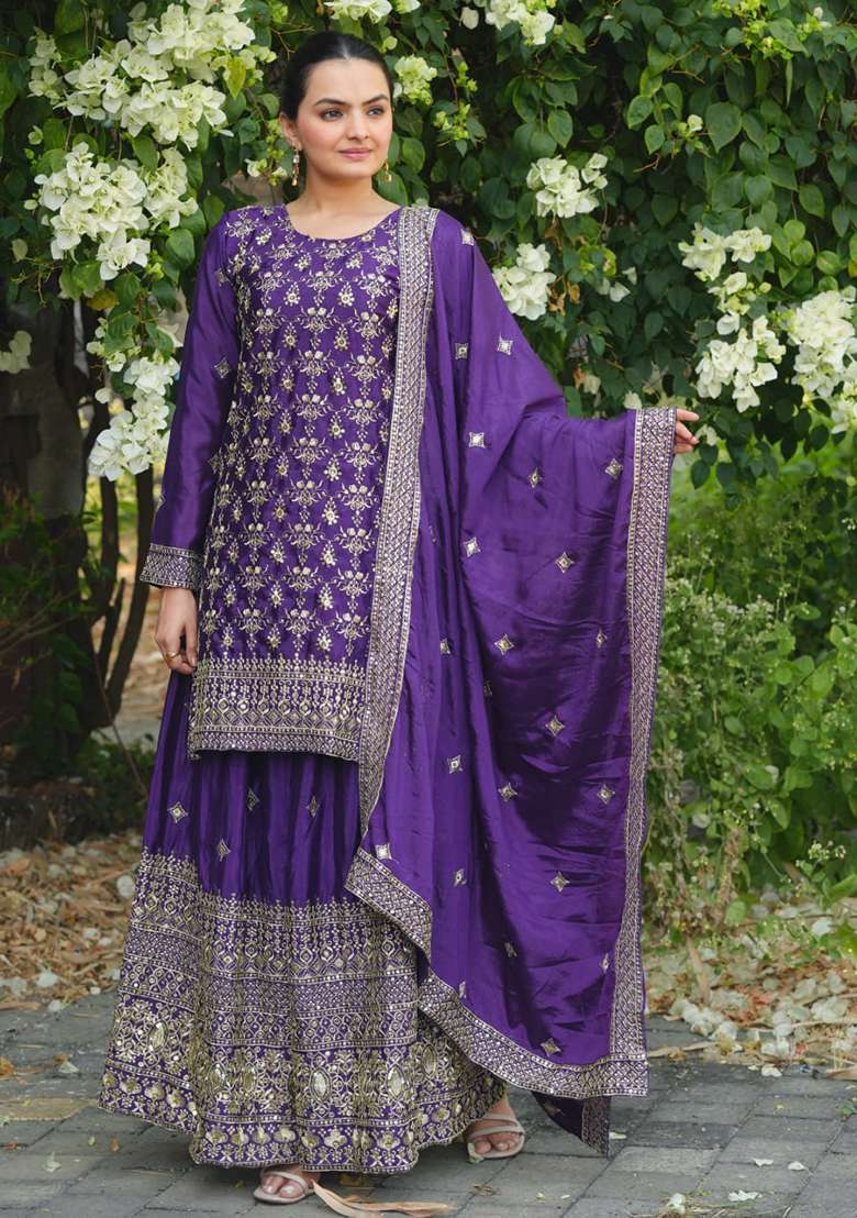 Purple Embroidered Chinon Sharara Set - Indya