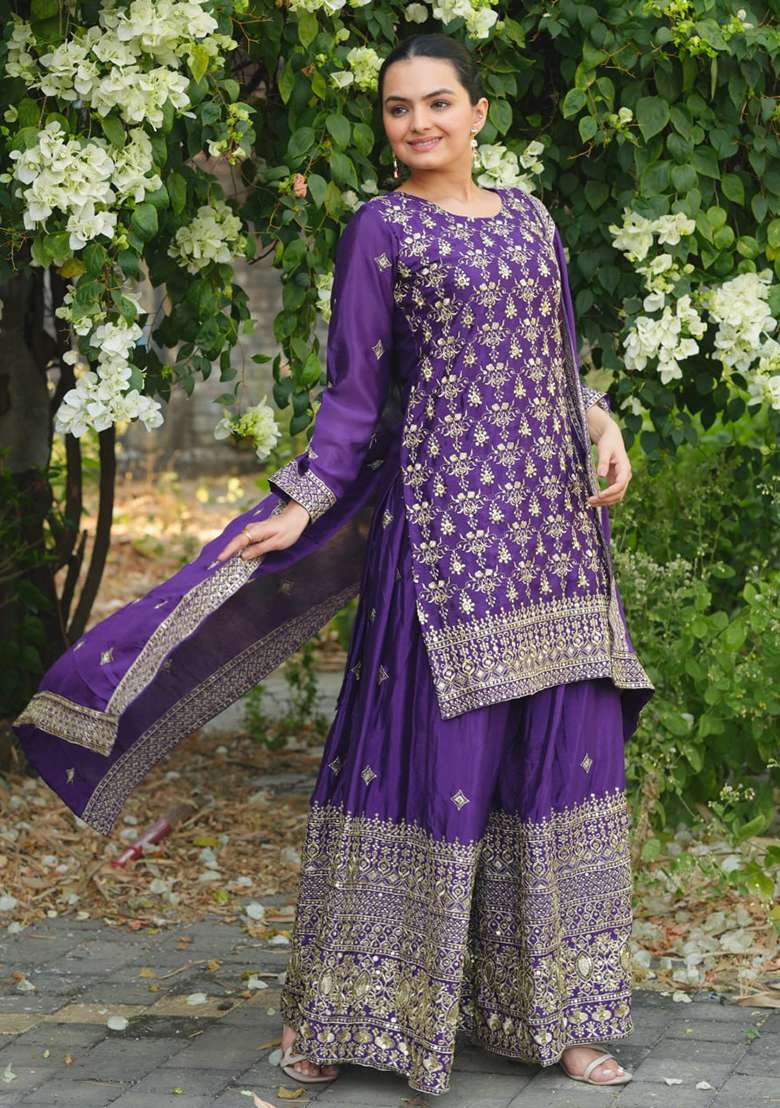 Purple Embroidered Chinon Sharara Set - Indya
