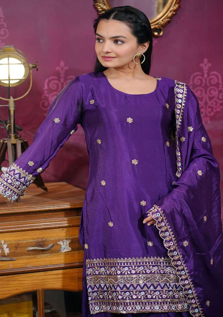 Purple Embroidered Chinon Sharara Set - Indya