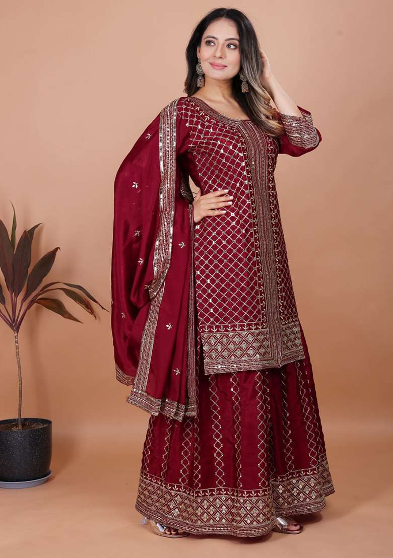 Maroon Embroidered Chinon Sharara Set - Indya