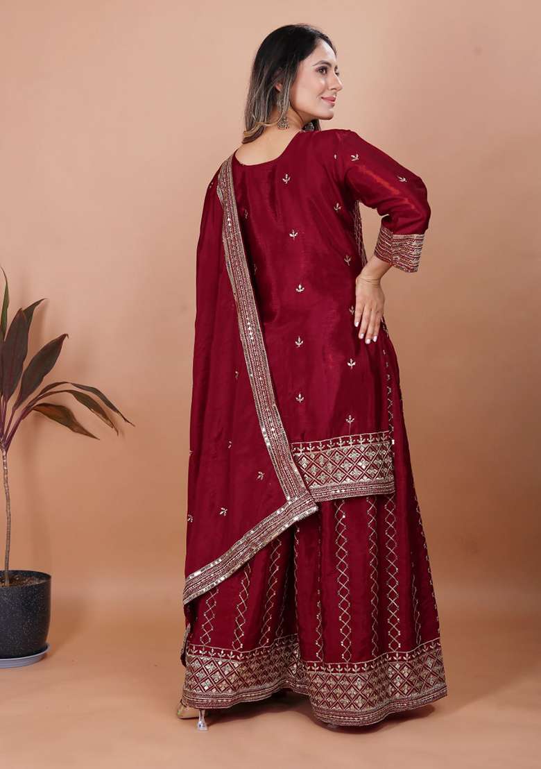 Maroon Embroidered Chinon Sharara Set - Indya