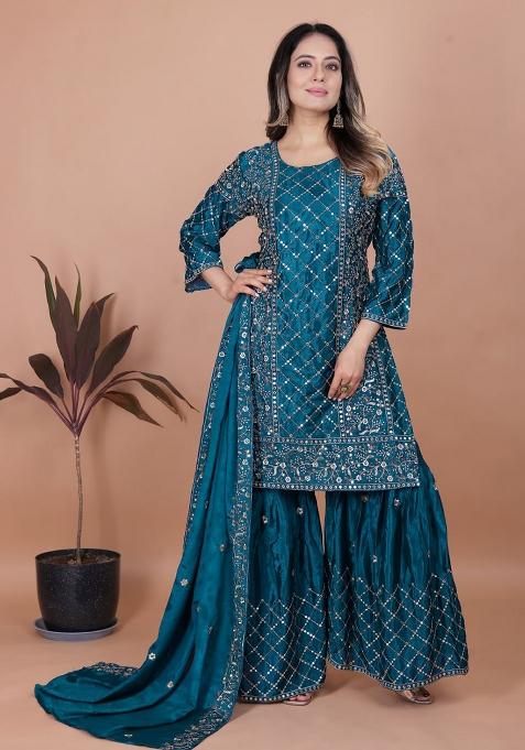Morpeach  Embroidery Chinon Silk  Salwar Suit