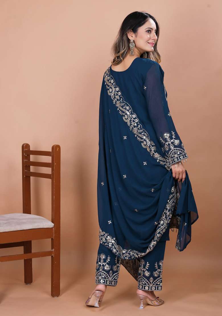 Navy Blue Embroidered Georgette Pakistani Suit Set - Indya