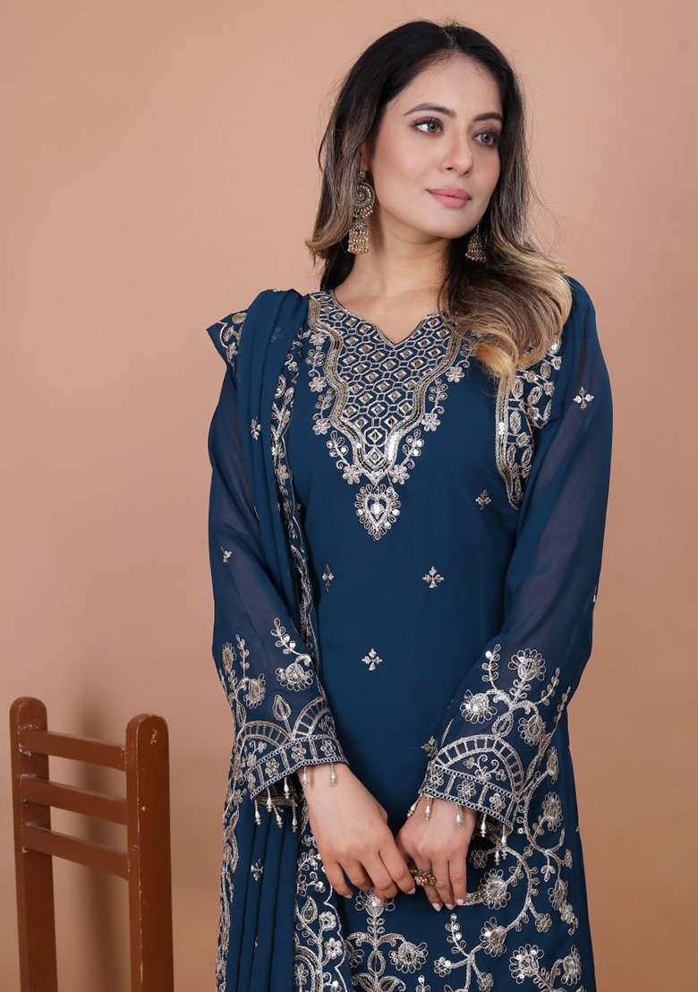 Navy Blue Embroidered Georgette Pakistani Suit Set - Indya