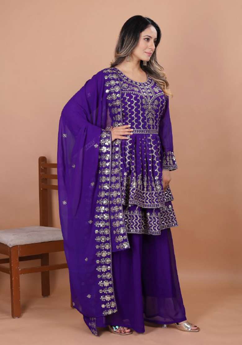 Purple Embroidered Georgette Sharara Set - Indya