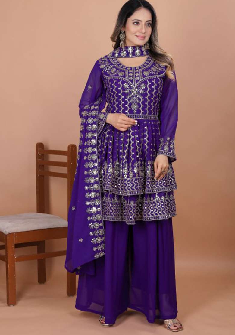 Purple Embroidered Georgette Sharara Set - Indya