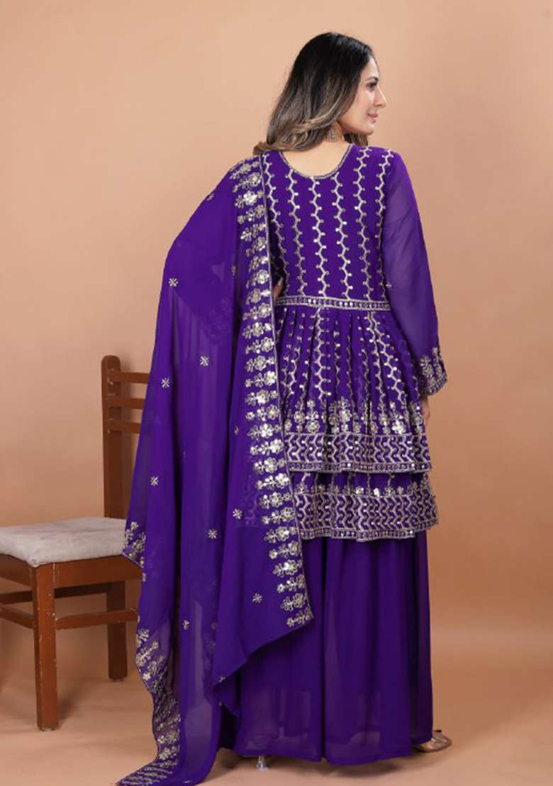 Purple Embroidered Georgette Sharara Set - Indya