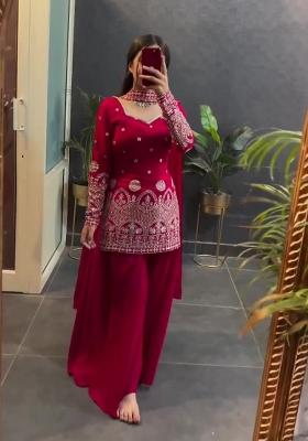 Red Embroidery Vichitra Silk  Salwar Suit