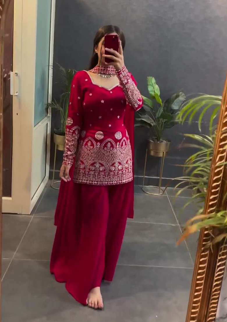 Red Embroidered Silk Blend Sharara Set - Indya