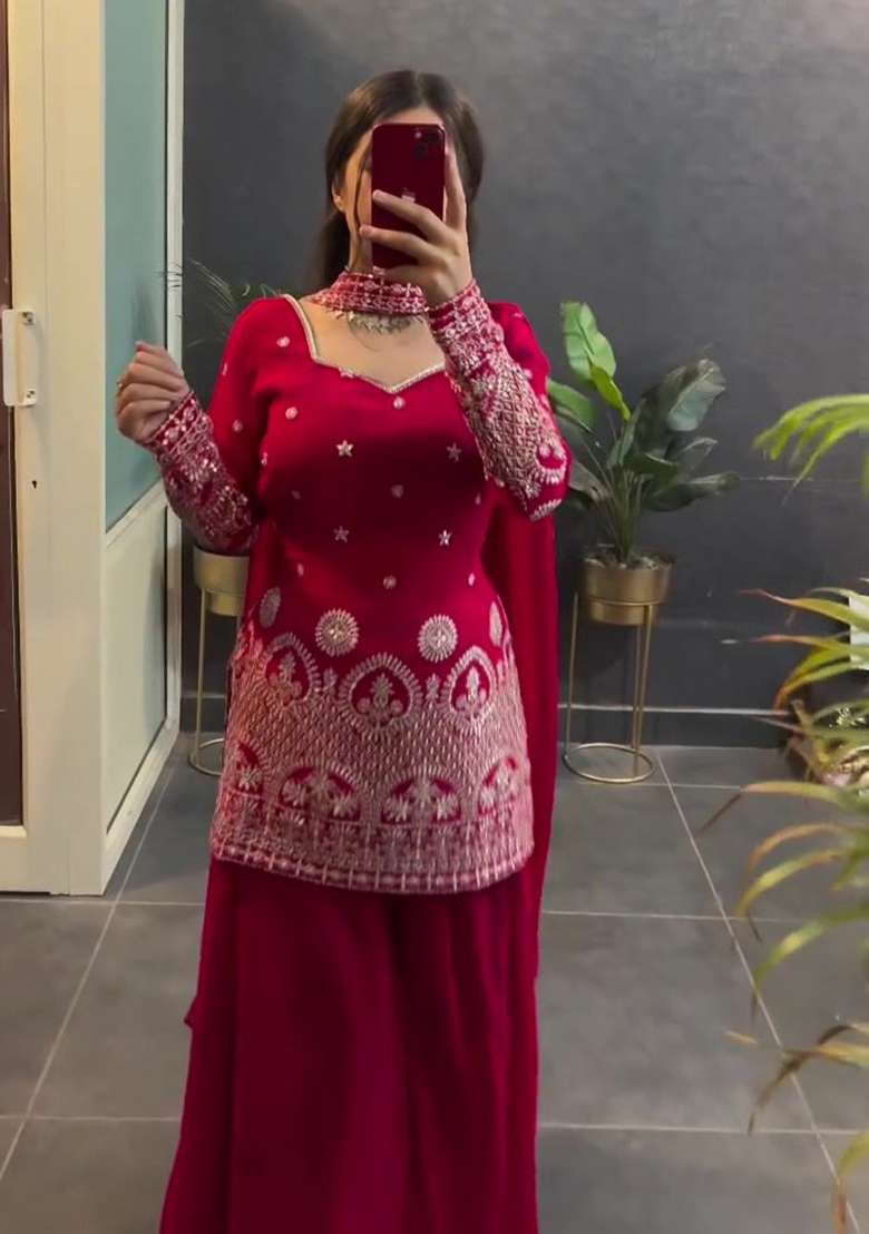 Red Embroidered Silk Blend Sharara Set - Indya