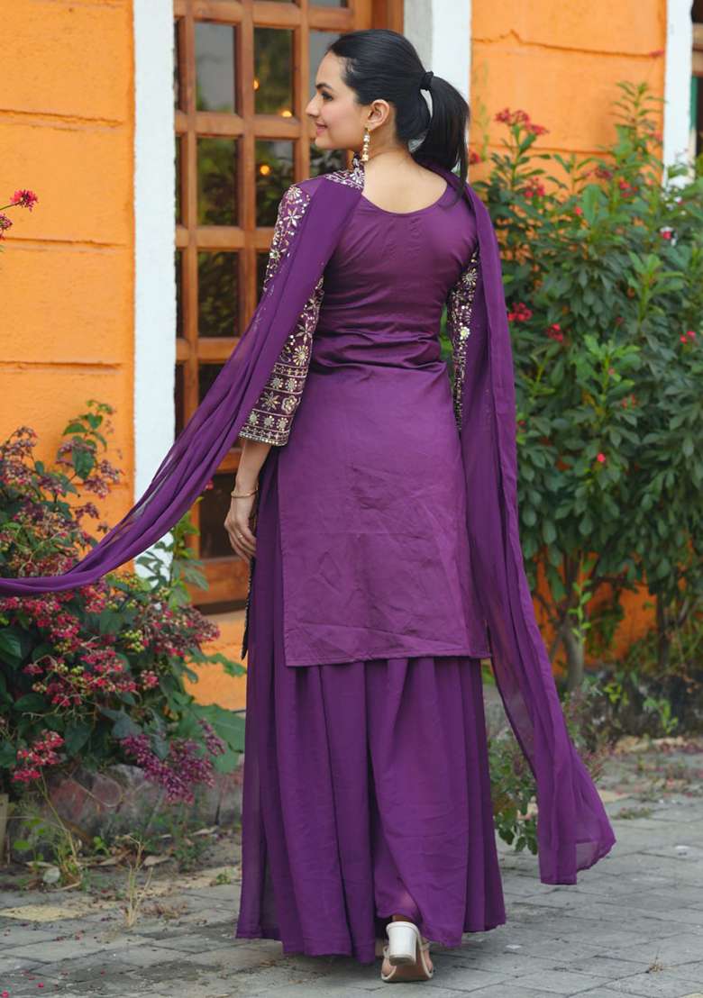 Purple Embroidered Silk Blend Sharara Set - Indya