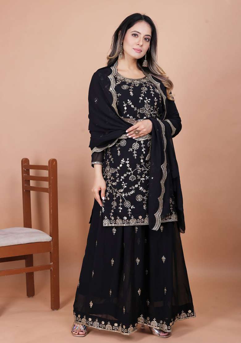 Black Embroidered Georgette Sharara Set - Indya