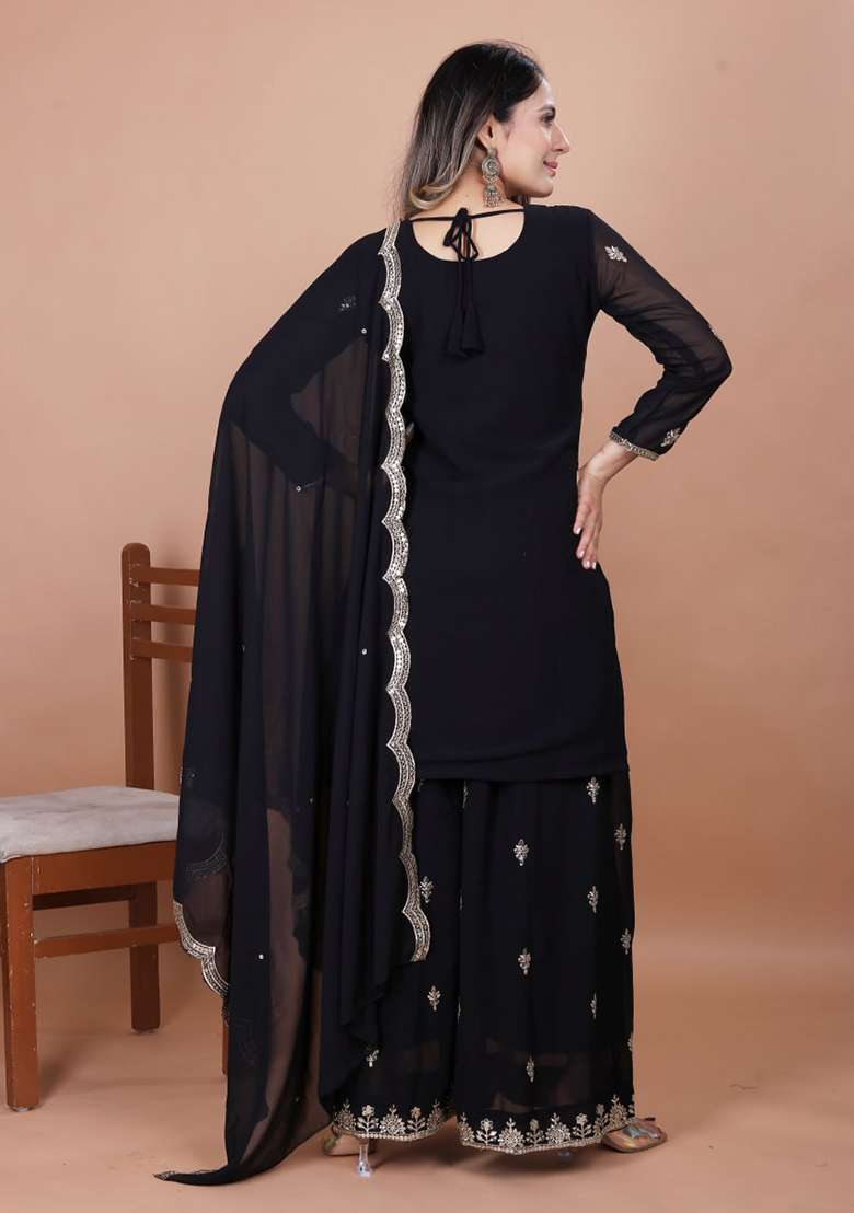 Black Embroidered Georgette Sharara Set - Indya