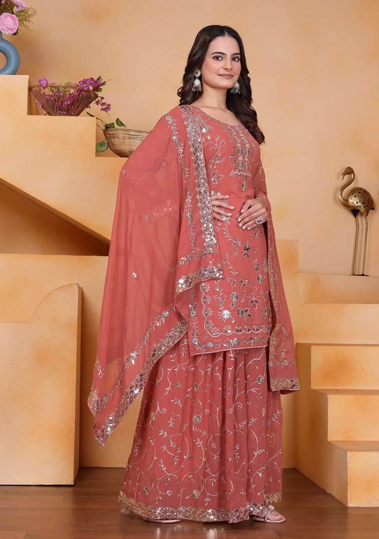 Dark Pink Embroidered Georgette Sharara Set - Indya