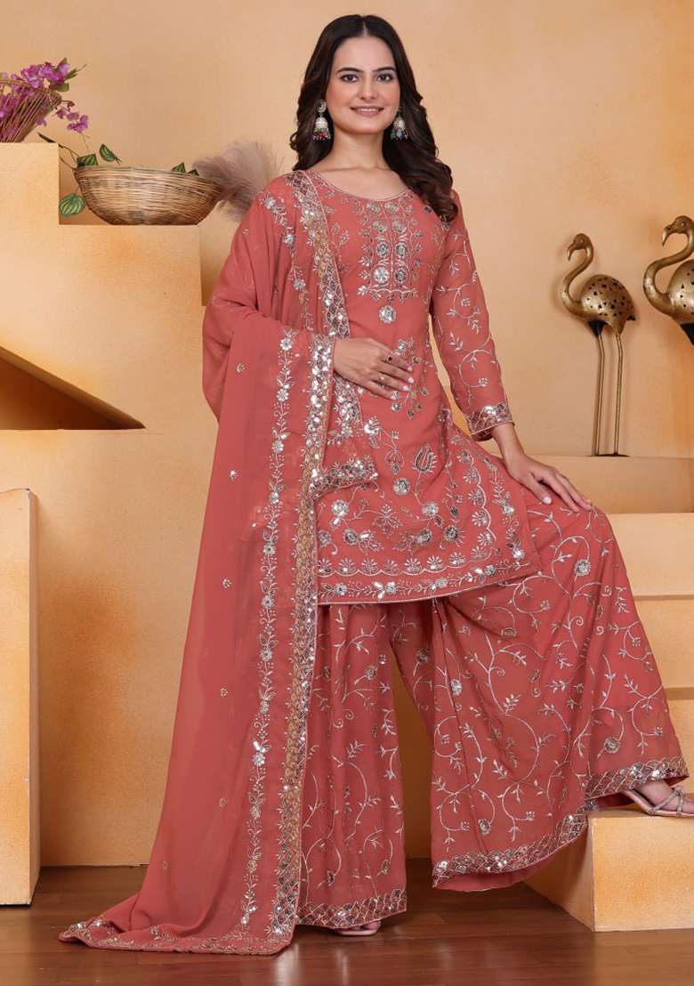 Dark Pink Embroidered Georgette Sharara Set - Indya