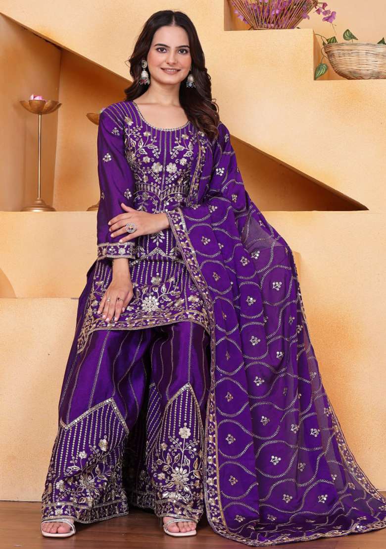 Purple Embroidered Chinon Sharara Set - Indya