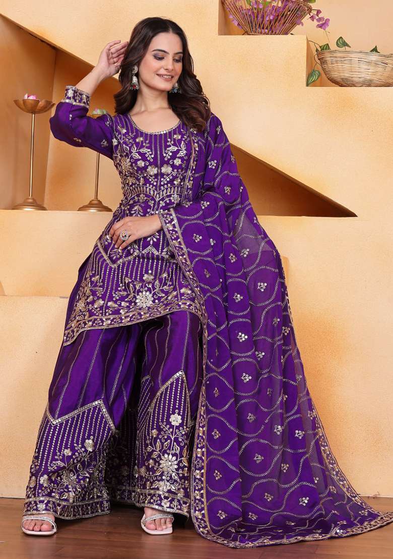Purple Embroidered Chinon Sharara Set - Indya