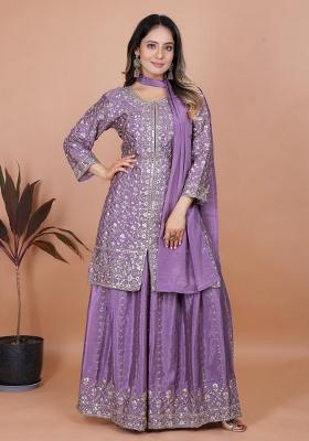Purple  Embroidery Chinon Silk  Salwar Suit