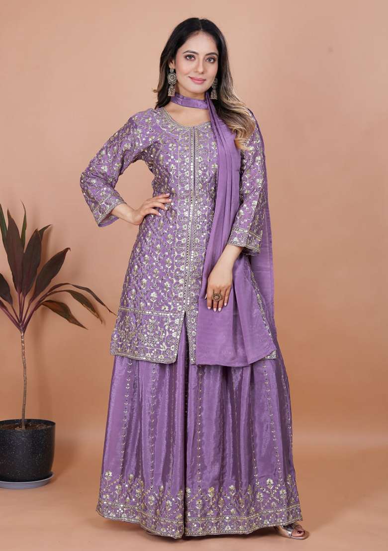 Purple Embroidered Chinon Sharara Set - Indya