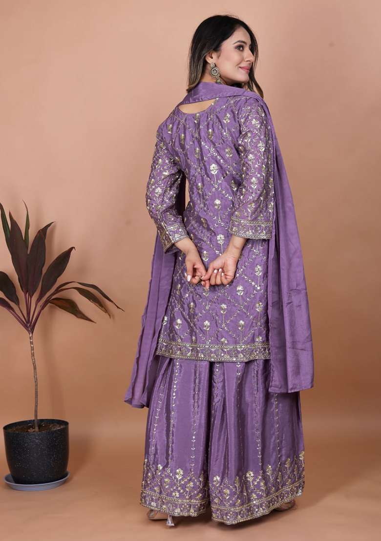 Purple Embroidered Chinon Sharara Set - Indya