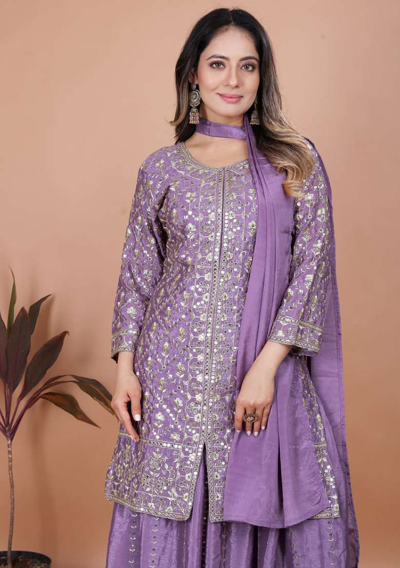 Purple Embroidered Chinon Sharara Set - Indya