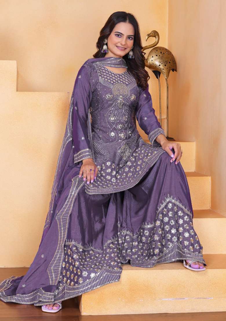 Purple Embroidered Chinon Sharara Set - Indya