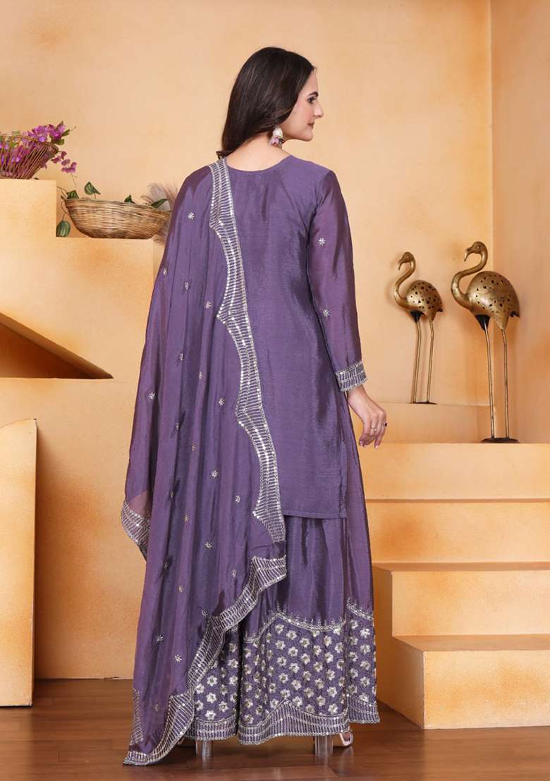 Purple Embroidered Chinon Sharara Set - Indya