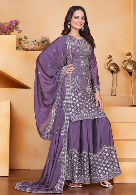 Purple  Embroidery Chinon Silk  Salwar Suit