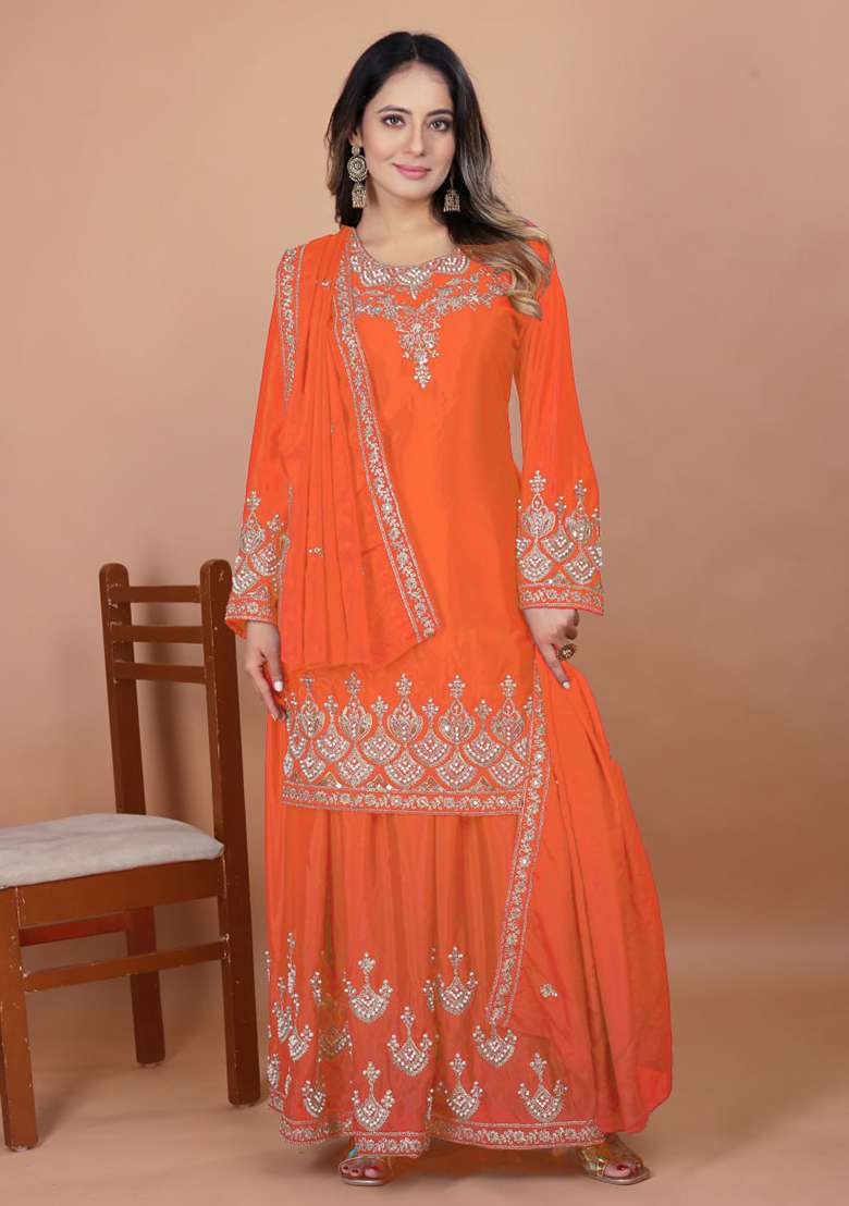 Orange Embroidered Silk Blend Sharara Set - Indya