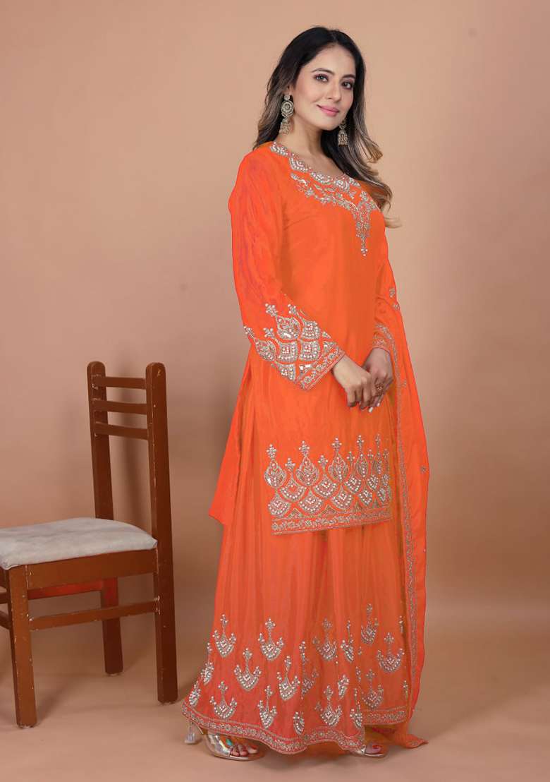 Orange Embroidered Silk Blend Sharara Set - Indya
