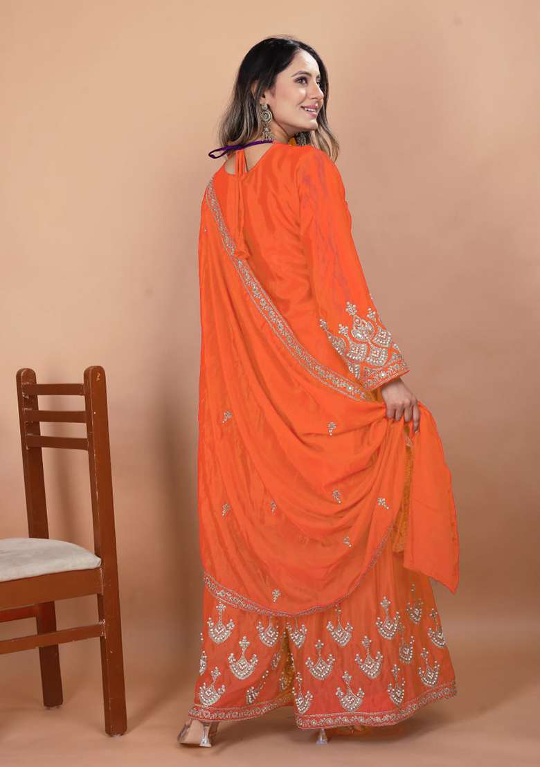 Orange Embroidered Silk Blend Sharara Set - Indya