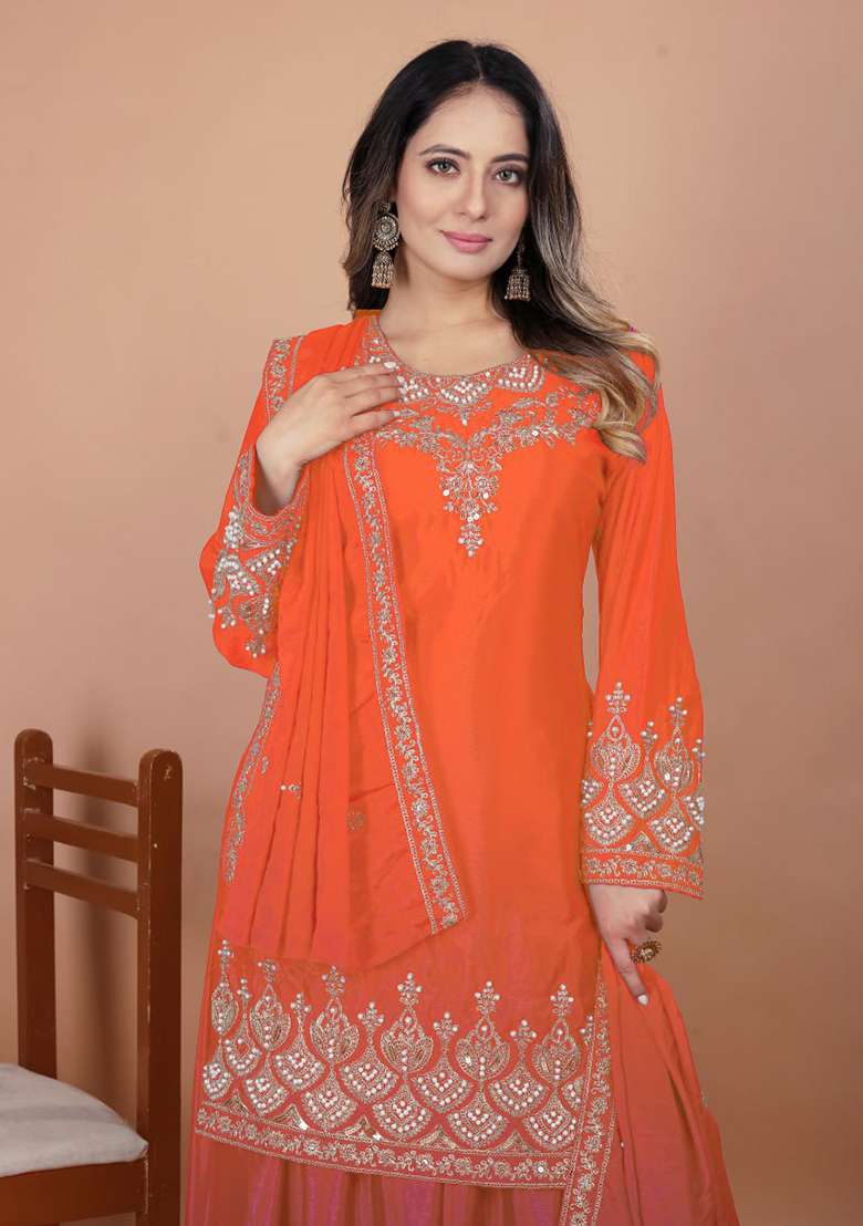 Orange Embroidered Silk Blend Sharara Set - Indya