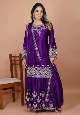Purple  Embroidery Chinon Silk  Salwar Suit