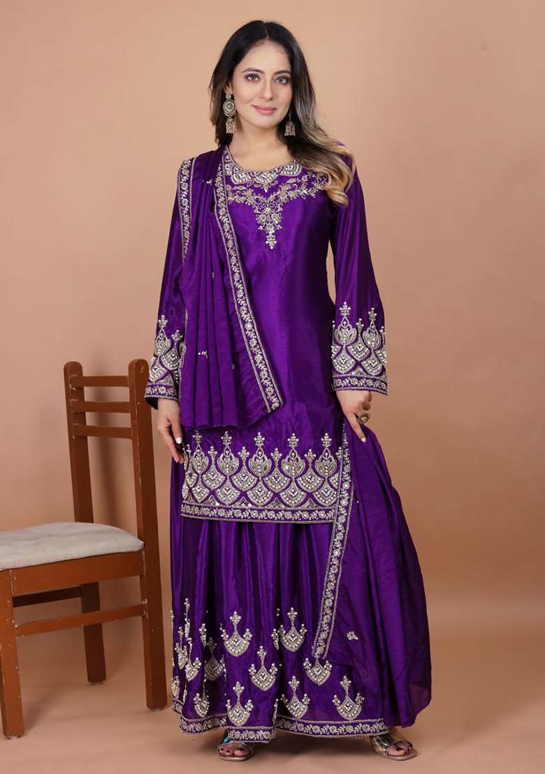 Purple Embroidered Chinon Sharara Set - Indya