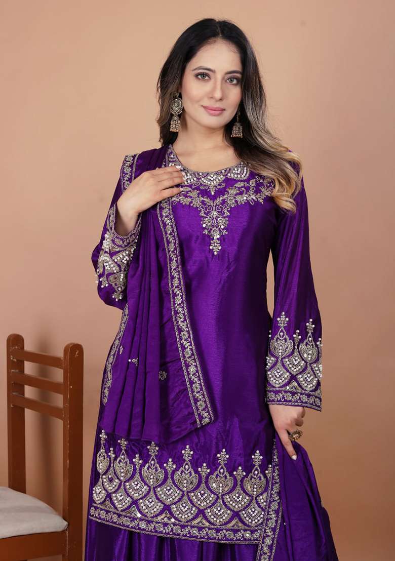 Purple Embroidered Chinon Sharara Set - Indya