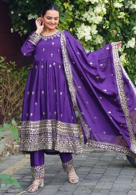 Purple  Embroidery Chinon Silk  Salwar Suit