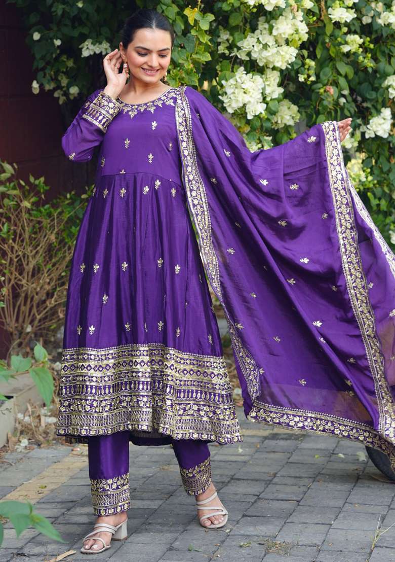 Purple Embroidered Chinon Anarkali Set - Indya