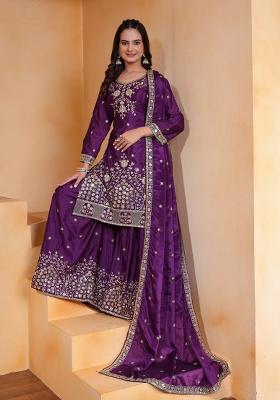 Wine  Embroidery Chinon Silk  Salwar Suit