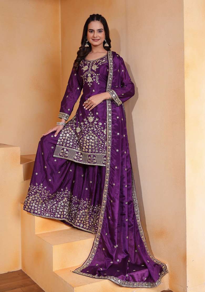 Wine Embroidered Chinon Sharara Set - Indya